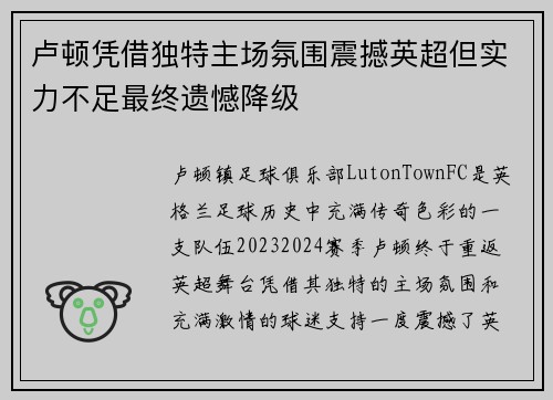卢顿凭借独特主场氛围震撼英超但实力不足最终遗憾降级 卢顿凭借独特主场氛围震撼英超但实力不足最终遗憾降级